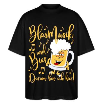 Blasmusik und Bier Darum bin ich hier - Stanley/Stella Oversized Unisex Bio T-Shirt Blaster 2.0 - Schwarz - Vorne - Alina (178cm) & Michal (187cm)