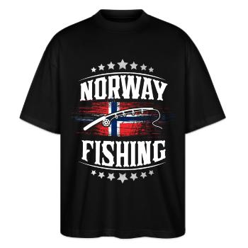 Norwegen Angeln Angler Fischen - Stanley/Stella Oversized Unisex Bio T-Shirt Blaster 2.0 - Schwarz - Vorne - Alina (178cm) & Michal (187cm)