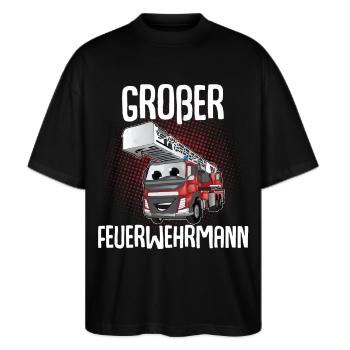 Großer Bruder Großer Feuerwehrmann - Stanley/Stella Oversized Unisex Bio T-Shirt Blaster 2.0 - Schwarz - Vorne - Alina (178cm) & Michal (187cm)