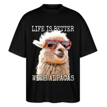 Alpaka Life Is Better With Alpacas Lama Alpakas - Stanley/Stella Oversized Unisex Bio T-Shirt Blaster 2.0 - Schwarz - Vorne - Alina (178cm) & Michal (187cm)