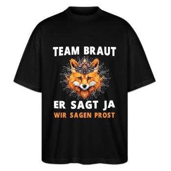 Hochzeit Junggesellenabschied Fuchs Bräutigam - Stanley/Stella Oversized Unisex Bio T-Shirt Blaster 2.0 - Schwarz - Vorne - Alina (178cm) & Michal (187cm)