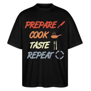 Prepare Cook Taste Repeat - Stanley/Stella Oversized Unisex Bio T-Shirt Blaster 2.0 - Schwarz - Vorne - Alina (178cm) & Michal (187cm)