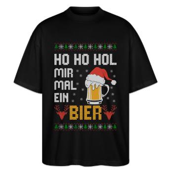 Ho Ho Hol mir mal ein Bier witziges Ugly Christmas - Stanley/Stella Oversized Unisex Bio T-Shirt Blaster 2.0 - Schwarz - Vorne - Alina (178cm) & Michal (187cm)
