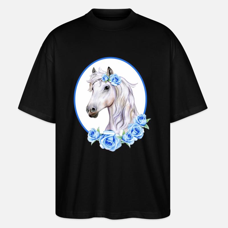 Romantisches weißes Pferd - Rosen hellblau - Stanley/Stella Oversized Unisex Bio T-Shirt Blaster 2.0 - Schwarz