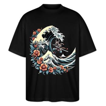 grande vague de Kanagawa avec des fleurs et des samouraïs - T-shirt bio Blaster 2.0 coupe oversize Stanley/Stella Unisexe - noir - Devant - Alina (178cm) & Michal (187cm)