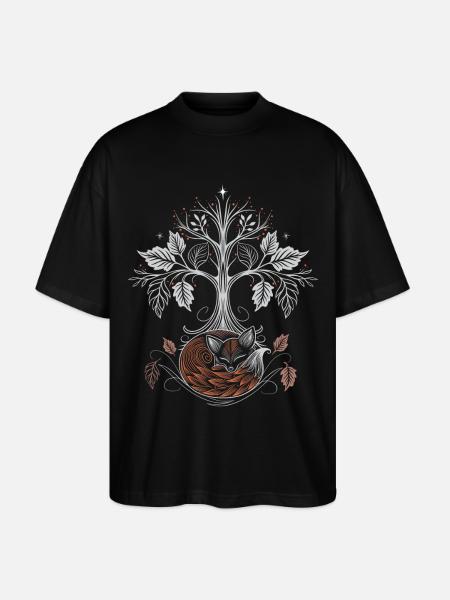 Schlafender Fuchs unter Lebensbaum - Herbstnacht - Stanley/Stella Oversized Unisex Bio T-Shirt Blaster 2.0 - Schwarz