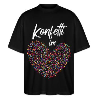 Stimmung Konfetti Fasching Karneval Silvester - Stanley/Stella Oversized Unisex Bio T-Shirt Blaster 2.0 - Schwarz - Vorne - Alina (178cm) & Michal (187cm)