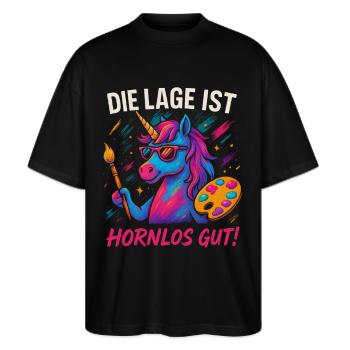 Die Lage ist Hornlos gut. Lustiges Einhorn Party - Stanley/Stella Oversized Unisex Bio T-Shirt Blaster 2.0 - Schwarz - Vorne - Alina (178cm) & Michal (187cm)