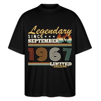 September 1967 Vintage Geburtstagsgeschenk - Stanley/Stella Oversized Unisex Bio T-Shirt Blaster 2.0 - Schwarz - Vorne - Alina (178cm) & Michal (187cm)