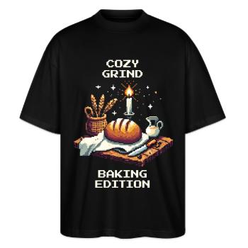 Gemütlicher Grind | Brot backen Humor - Stanley/Stella Oversized Unisex Bio T-Shirt Blaster 2.0 - Schwarz - Vorne - Alina (178cm) & Michal (187cm)