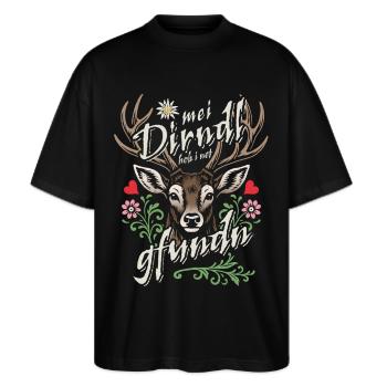 Mei Dirndl hob i net gfundn, Dirndl Ersatz, Tracht - Stanley/Stella Oversized Unisex Bio T-Shirt Blaster 2.0 - Schwarz - Vorne - Alina (178cm) & Michal (187cm)