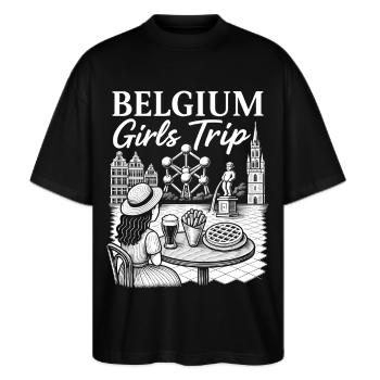 Belgien Mädelstrip Illustration - Stanley/Stella Oversized Unisex Bio T-Shirt Blaster 2.0 - Schwarz - Vorne - Alina (178cm) & Michal (187cm)