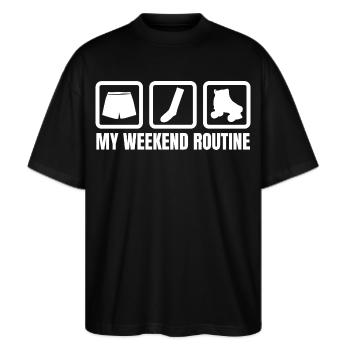 Meine Wochenendroutine - Stanley/Stella Oversized Unisex Bio T-Shirt Blaster 2.0 - Schwarz - Vorne - Alina (178cm) & Michal (187cm)