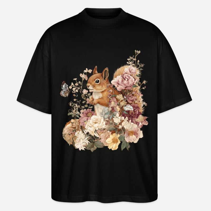Eichhörnchen, Tier, Blumen, Schmetterlinge - Stanley/Stella Oversized Unisex Bio T-Shirt Blaster 2.0 - Schwarz