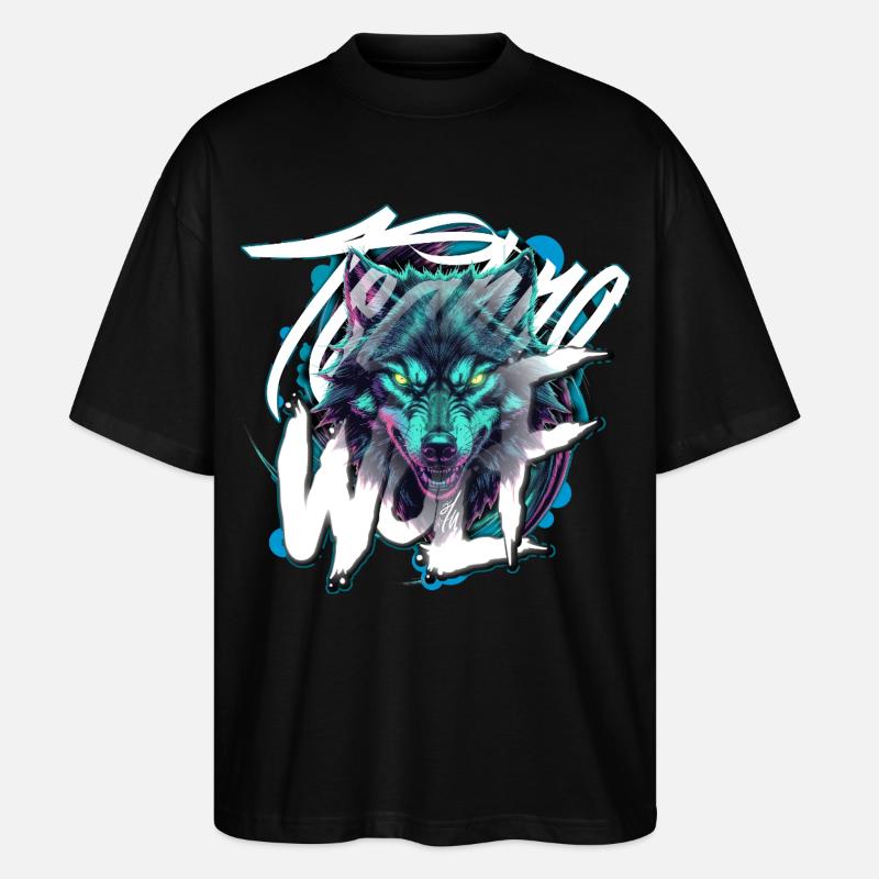 Neon Techno Wolf Head–Rave Wolf - Stanley/Stella Oversized Unisex Organic T-shirt Blaster 2.0 - black