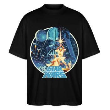 Star Wars Galaxie Mit Ikonischen Charakteren   - Stanley/Stella Oversized Unisex Bio T-Shirt Blaster 2.0 - Schwarz - Vorne - Alina (178cm) & Michal (187cm)