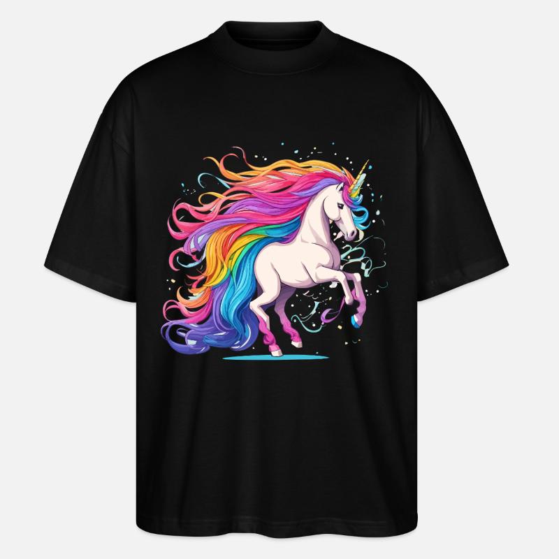 Regenbogen-Einhorn mit leuchtendem Haarschweif - Stanley/Stella Oversized Unisex Bio T-Shirt Blaster 2.0 - Schwarz