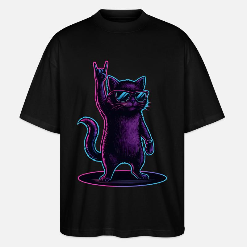 Synthwave Kater Katze mit Rockhand Pose - Stanley/Stella Oversized Unisex Bio T-Shirt Blaster 2.0 - Schwarz