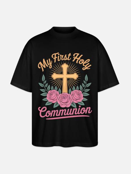 First Holy Communion Cross Roses - Stanley/Stella Oversized Unisex Organic T-shirt Blaster 2.0 - black
