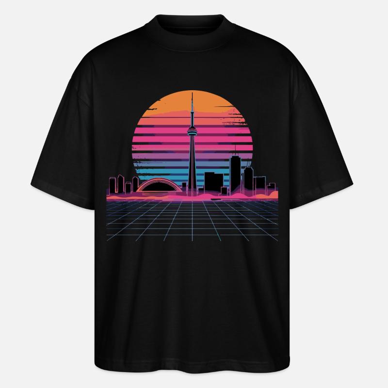 Coucher de soleil rétro Néon Skyline - T-shirt bio Blaster 2.0 coupe oversize Stanley/Stella Unisexe - noir
