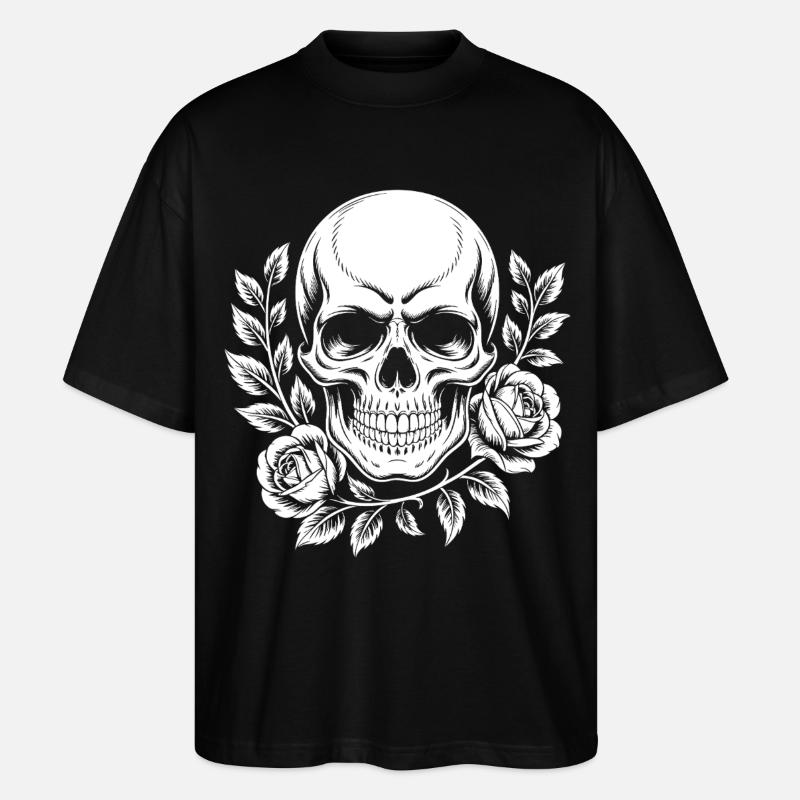 Crâne monochrome avec branche de rose - T-shirt bio Blaster 2.0 coupe oversize Stanley/Stella Unisexe - noir
