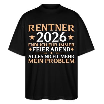 Renteneintritt 2026 Kollege Abschied Rente - Stanley/Stella Oversized Unisex Bio T-Shirt Blaster 2.0 - Schwarz - Vorne - Alina (178cm) & Michal (187cm)