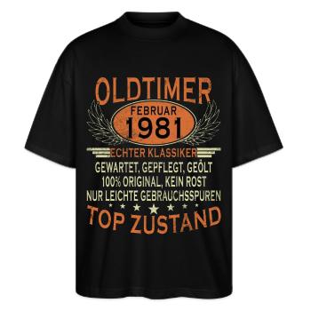45. Geburtstag Oldtimer Februar Jahrgang 1981 - Stanley/Stella Oversized Unisex Bio T-Shirt Blaster 2.0 - Schwarz - Vorne - Alina (178cm) & Michal (187cm)