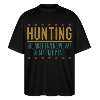 Jäger Lustiger Spruch – Gratis Fleisch Design - Stanley/Stella Oversized Unisex Bio T-Shirt Blaster 2.0 - Schwarz - Vorne - Alina (178cm) & Michal (187cm)
