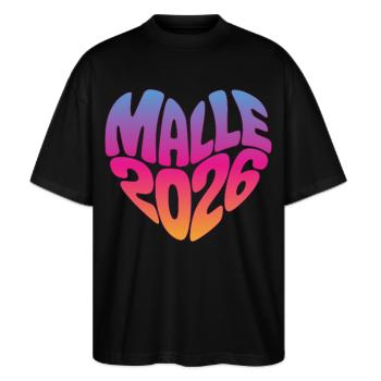 Mallorca Malle 2026  - Stanley/Stella Oversized Unisex Bio T-Shirt Blaster 2.0 - Schwarz - Vorne - Alina (178cm) & Michal (187cm)