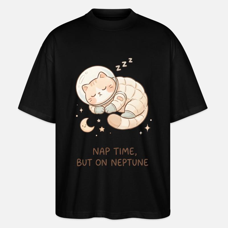 Nap Neptune | Chat de l’espace mignon - T-shirt bio Blaster 2.0 coupe oversize Stanley/Stella Unisexe - noir