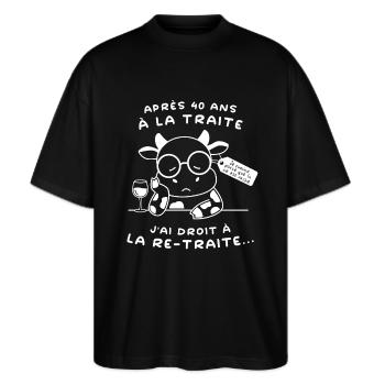 Retraite Humour : Vache Drôle (texte blanc) - T-shirt bio Blaster 2.0 coupe oversize Stanley/Stella Unisexe - noir - Devant - Alina (178cm) & Michal (187cm)