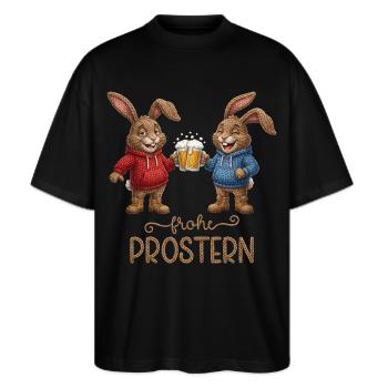 Frohe Prostern Hasen Bier Osterhasen Prosterhase - Stanley/Stella Oversized Unisex Bio T-Shirt Blaster 2.0 - Schwarz - Vorne - Alina (178cm) & Michal (187cm)