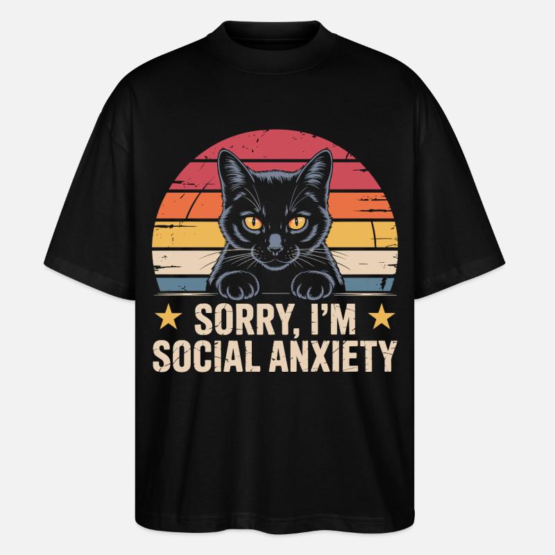 Anxiété sociale du chat noir rétro - T-shirt bio Blaster 2.0 coupe oversize Stanley/Stella Unisexe - noir
