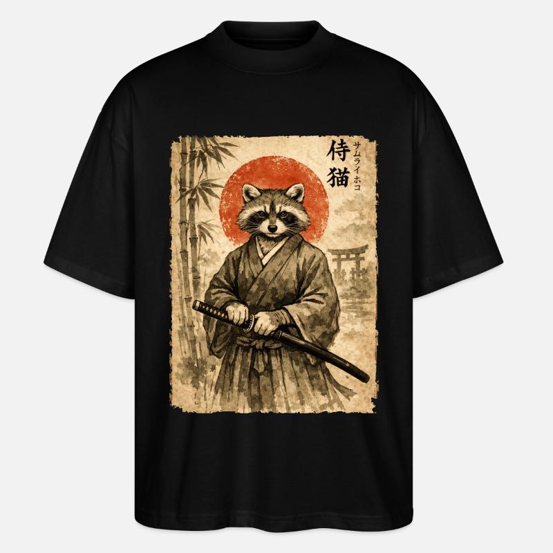 Samurai, Waschbär, Japanische Kunst, Anime - Stanley/Stella Oversized Unisex Bio T-Shirt Blaster 2.0 - Schwarz