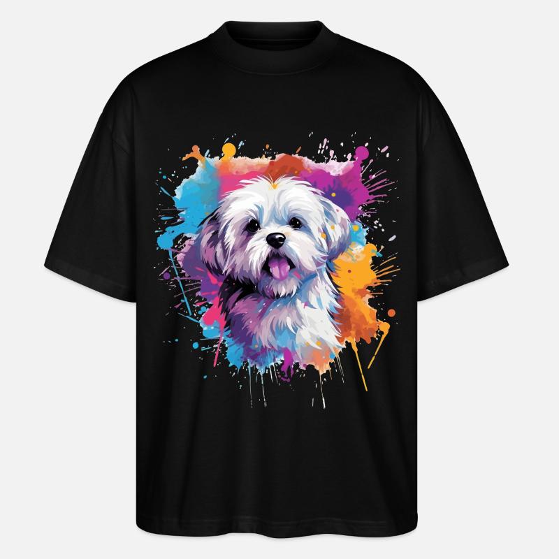 Farbenfrohe Spritzkunst Malteserhund - Stanley/Stella Oversized Unisex Bio T-Shirt Blaster 2.0 - Schwarz