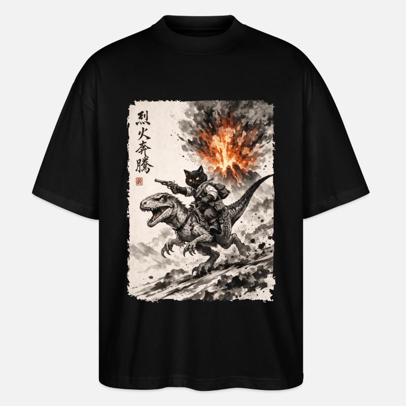 Katze, Dinosaurier, Vulkan, Vulkanausbruch, Anime - Stanley/Stella Oversized Unisex Bio T-Shirt Blaster 2.0 - Schwarz