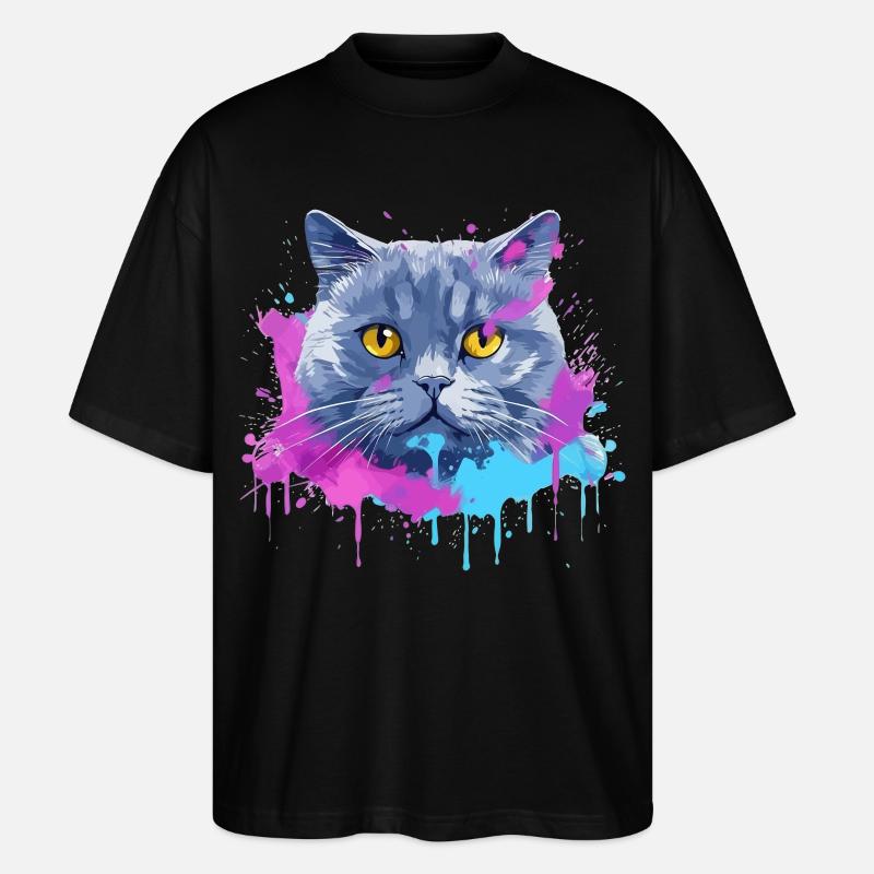 Bunte Splash-Kunst Britisches Kurzhaar-Katzengesicht - Stanley/Stella Oversized Unisex Bio T-Shirt Blaster 2.0 - Schwarz