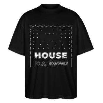 House Origins Chicago House Rave-Band EDM - Stanley/Stella Oversized Unisex Bio T-Shirt Blaster 2.0 - Schwarz - Vorne - Alina (178cm) & Michal (187cm)