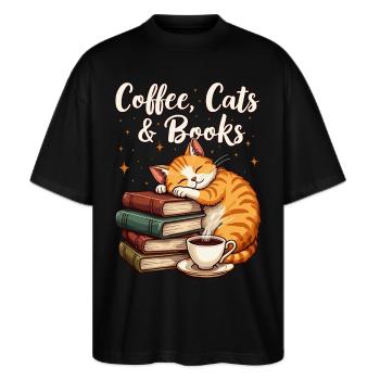 Kaffee, Katze, Buch, & Lesen, Kaffeeliebhaber - Stanley/Stella Oversized Unisex Bio T-Shirt Blaster 2.0 - Schwarz - Vorne - Alina (178cm) & Michal (187cm)