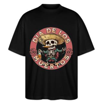 Dia De Los Muertos Skull Skull Tequilla - Stanley/Stella Oversized Unisex Organic T-shirt Blaster 2.0 - black - Front - Alina (178cm) & Michal (187cm)