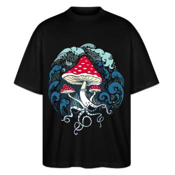 Fliegenpilz Fliegenpilze - Stanley/Stella Oversized Unisex Bio T-Shirt Blaster 2.0 - Schwarz - Vorne - Alina (178cm) & Michal (187cm)