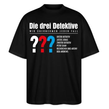 Die Drei ??? Detektive Visitenkarte - Stanley/Stella Oversized Unisex Bio T-Shirt Blaster 2.0 - Schwarz - Vorne - Alina (178cm) & Michal (187cm)