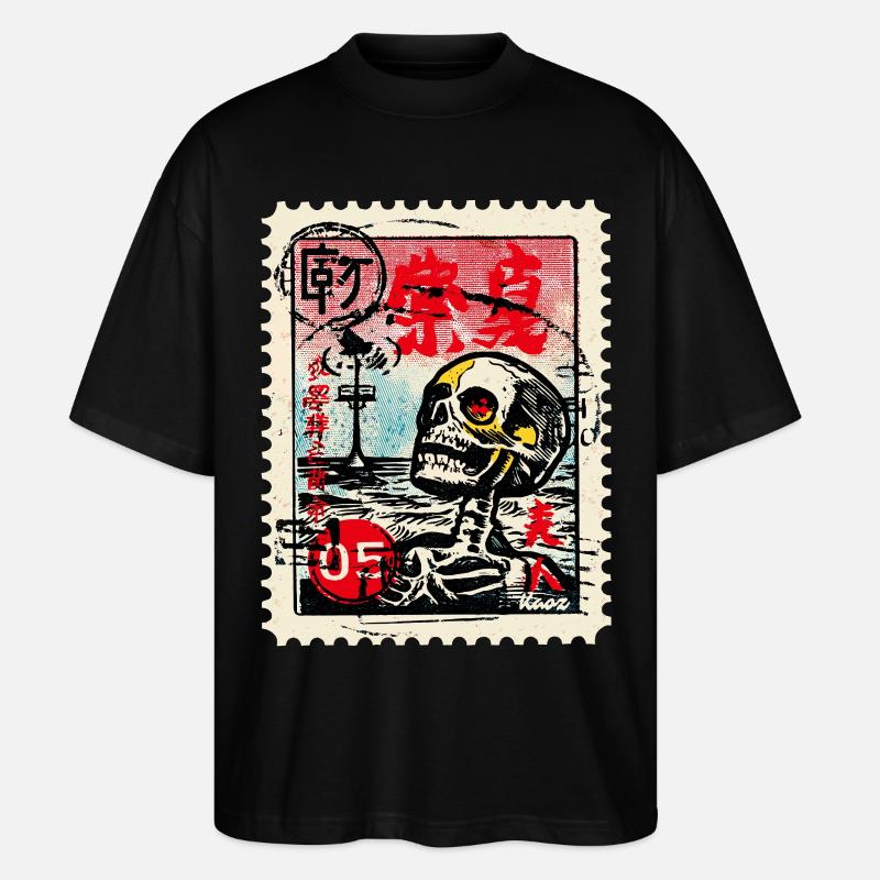 Crâne sur un timbre-poste japonais - T-shirt bio Blaster 2.0 coupe oversize Stanley/Stella Unisexe - noir