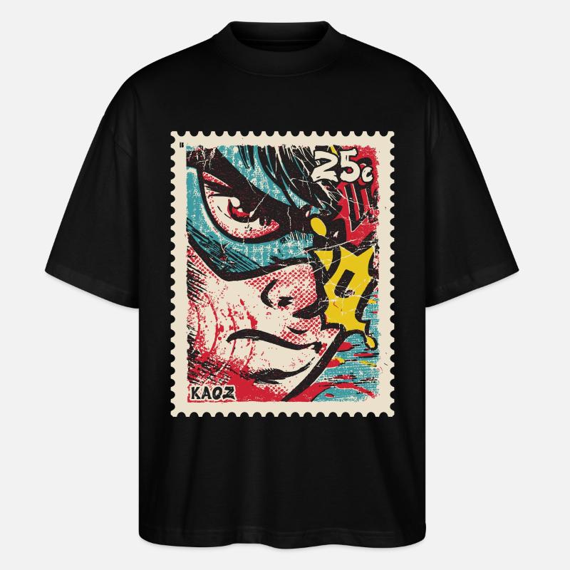 Comic-Held als Retro-Briefmarke - Stanley/Stella Oversized Unisex Bio T-Shirt Blaster 2.0 - Schwarz