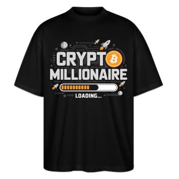 Krypto-Millionär lädt - Stanley/Stella Oversized Unisex Bio T-Shirt Blaster 2.0 - Schwarz - Vorne - Alina (178cm) & Michal (187cm)