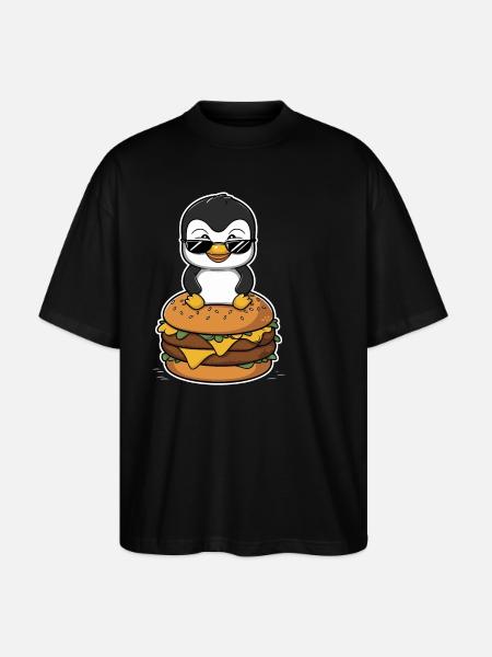 Cool penguin with burger - Stanley/Stella Oversized Unisex Organic T-shirt Blaster 2.0 - black