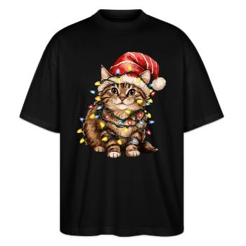 Weihnachts Katze - Stanley/Stella Oversized Unisex Bio T-Shirt Blaster 2.0 - Schwarz - Vorne - Alina (178cm) & Michal (187cm)