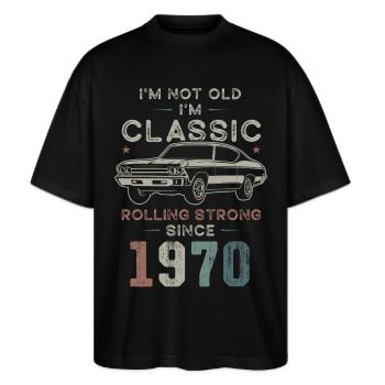 Born 1970's Birthday Classic Car - Stanley/Stella Oversized Unisex Organic T-shirt Blaster 2.0 - black - Front - Alina (178cm) & Michal (187cm)