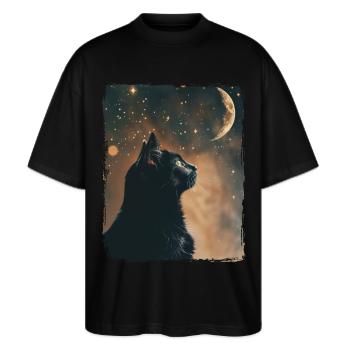 Schwarze Katze Tier Sterne Vollmond Nacht Sternenhimmel - Stanley/Stella Oversized Unisex Bio T-Shirt Blaster 2.0 - Schwarz - Vorne - Alina (178cm) & Michal (187cm)