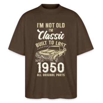 Born 1950's Birthday Classic Car - Stanley/Stella Oversized Unisex Organic T-shirt Blaster 2.0 - mocha - Front - Alina (178cm) & Michal (187cm)